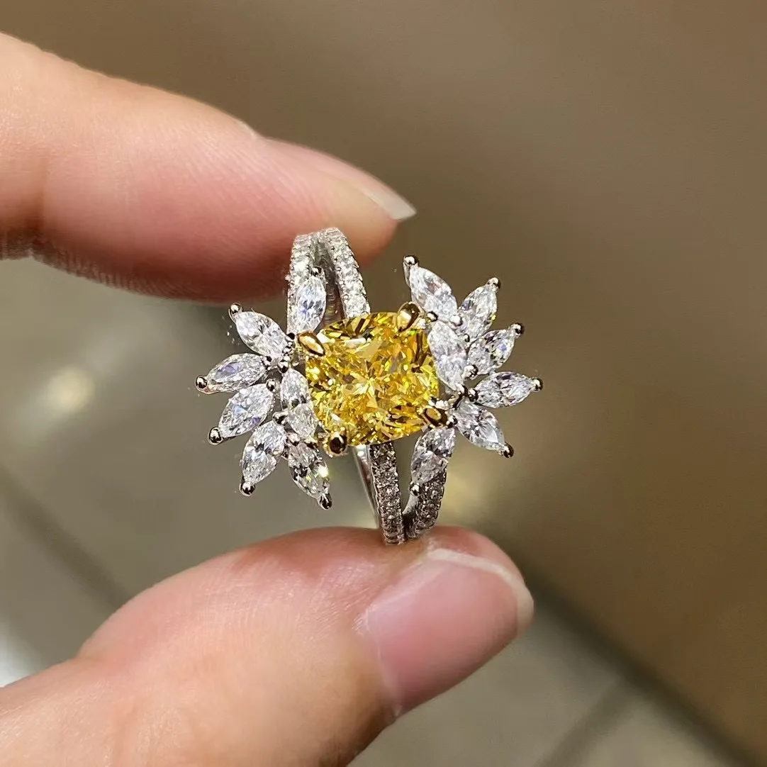 

Женское платиновое кольцо PT950 с инкрустацией подушкой 2 карата — желтый муассанит огранки, стильное, роскошное и ослепительное