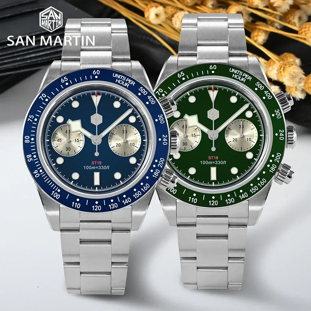 San Martin Watch Mens New 40mm Panda BB Chronograph Sports Fashion Style ST1901 Manual Mechanical Sapphire Waterproof 100M BGW-9