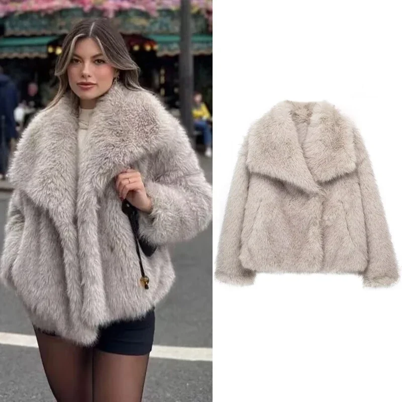 Manteau court en fausse fourrure de renard pour femme, fouet de fourrure haut de gamme, grand revers, peluche moelleuse, vêtements d'automne et d'hiver, mode