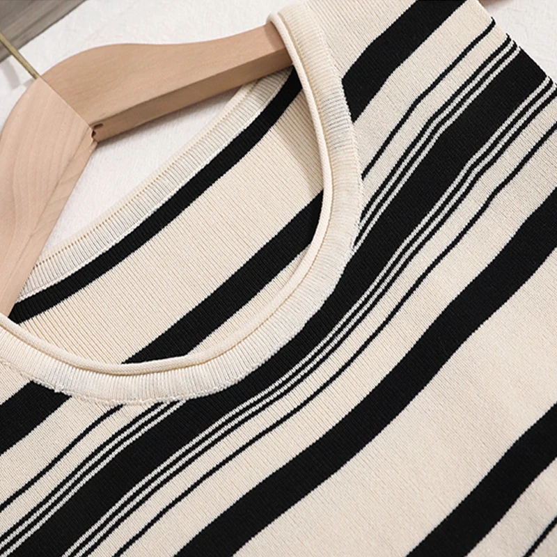 Apricot Striped Vest Skirt Women's Spring Summer New Mid-Length Slim Elastic O-neck Bottoming Sleeveless Dress