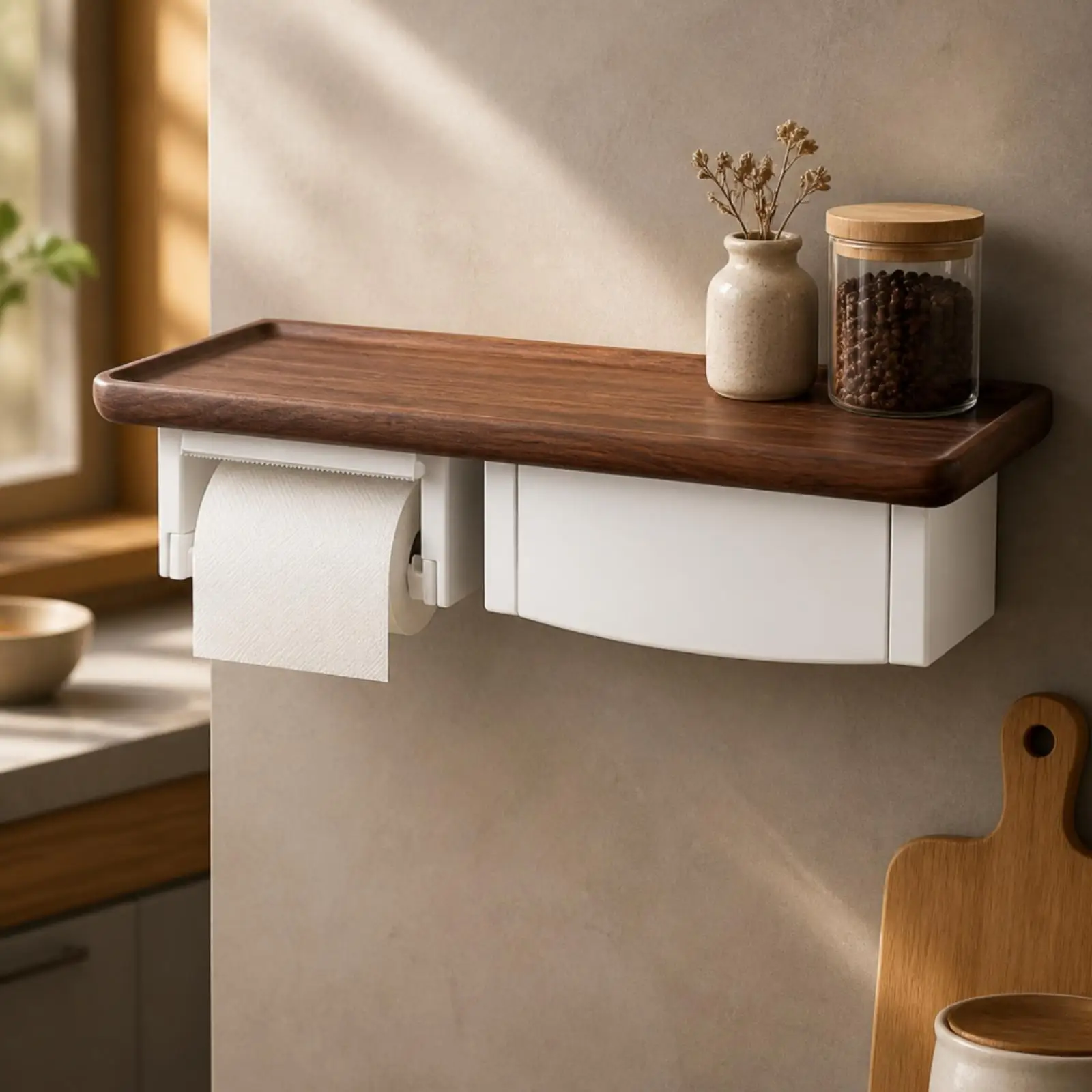 Restroom Organizer Space-Saving Walnut Finish Tissue Holder with Storage Low-Profile Wooden Tissue Dispenser with Storage