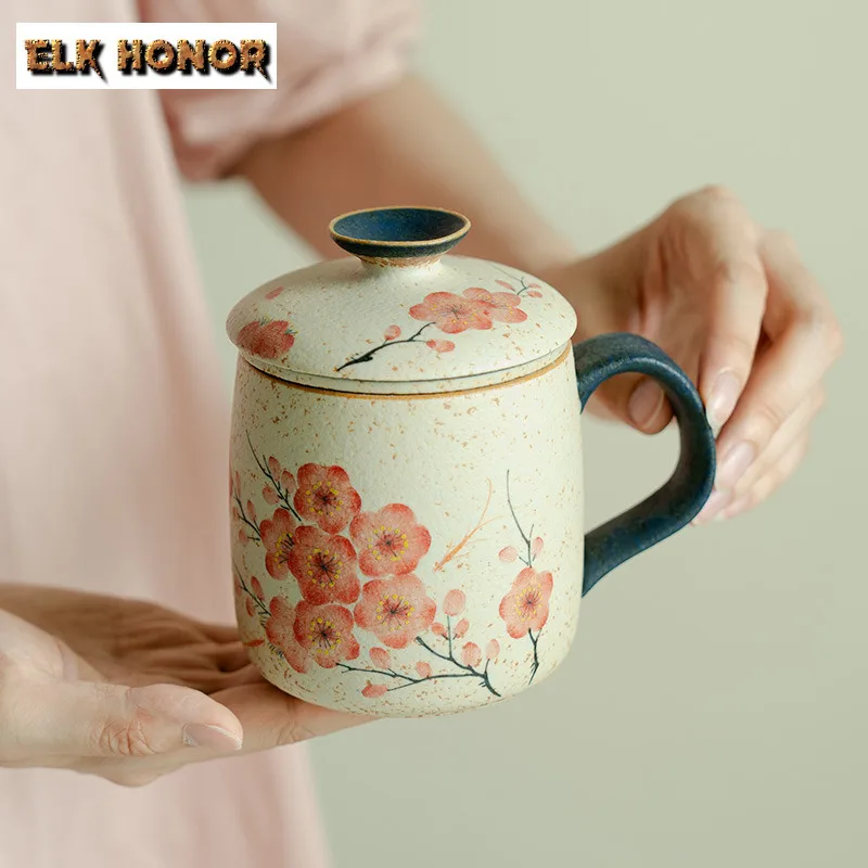 430ml Hand-painted Plum Blossom Filter Tea Separator Cup Handmade Tea Mug With Infuser Tea Maker Office Water Cup Drinkware Gift