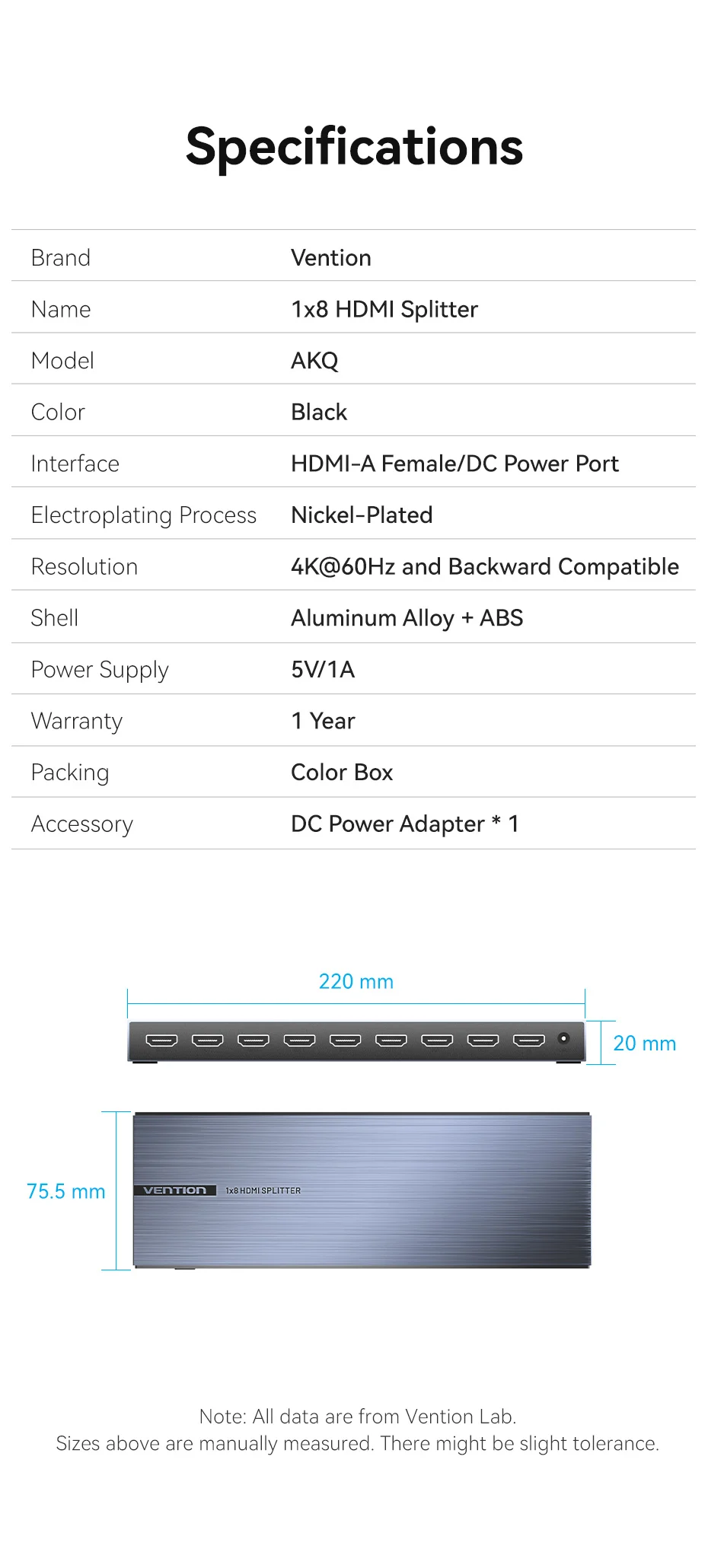 Intervention HDMI Splitter 1 in 8 Out Adapter 4k 60Hz HDMI 2.0 1x8 Umschalter mit Netzteil für TV Xbox PS4 Blu-ray Player HD-Kabel – Detail 15