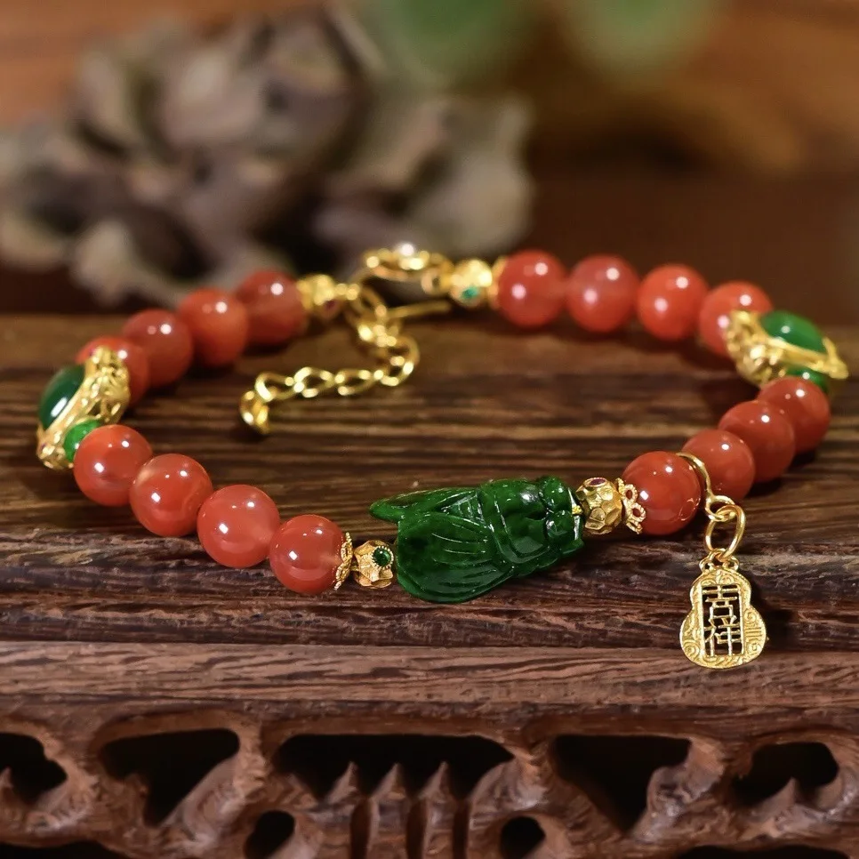 Natural Nanhong Agate Bracelet Spicy Green Jadeite Cicada Gold Plated S925 Silver Gourd Charm Women Wrist Jewelry