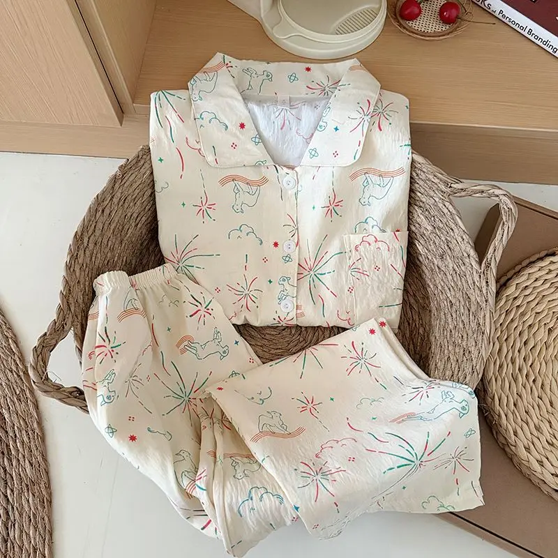 Sweet kawaii print Korean-style lightweight pajamas homewear casual lapel loose sweet long-sleeve long pants doll-collar homewea