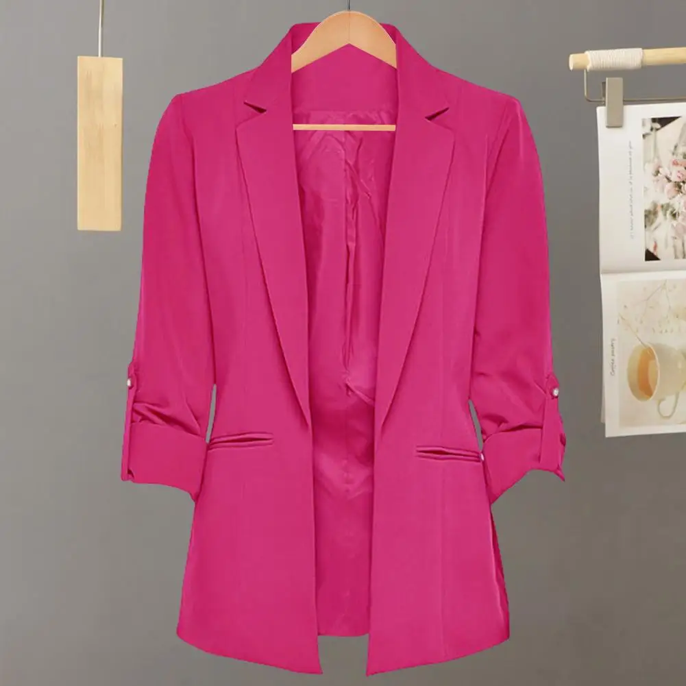 Chaqueta de traje ligera para mujer, abrigo elegante con cuello vuelto, bolsillos de manga larga, Color sólido elegante para oficina