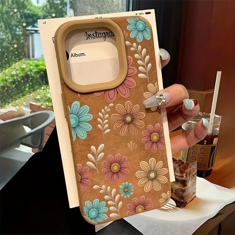 Line Flower Sunflower Bonded Leather Phone Case For iPhone 16 15 14 13 12 11 Pro XS Max XR X 15 Plus 16 Pro Max Matte Back Cover