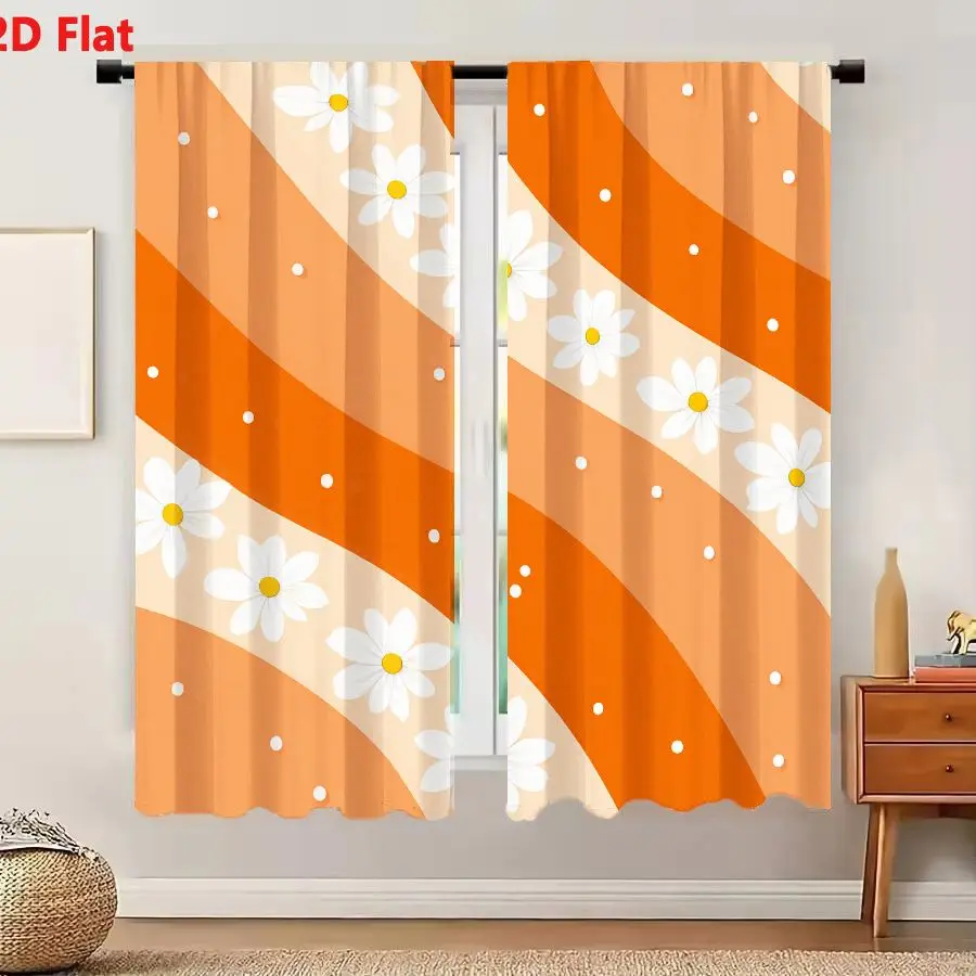 2Pcs Curtains 2D Flat Retro 1970s Orange Peach Wavy Pattern With White Daisies And Dots Window Drapes for Bedroom Room Decor Dec