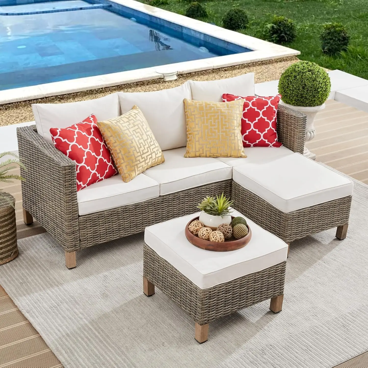 

Outdoor 3 PCS All-Weather Wicker PE Rattan Patio Furniture set,Conversation Sectional 3 seats Sofa Set with Ottomans, Cushions