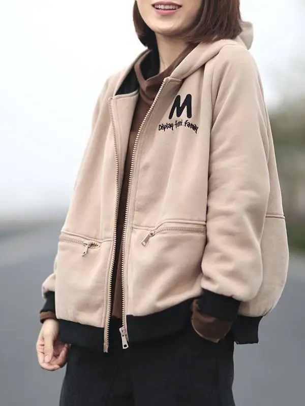 

Women's plus Size Autumn Winter Thiened Hooded Letter Embroidery Open Cardigan Sweatirt Jaet Loose Fit Long Sve