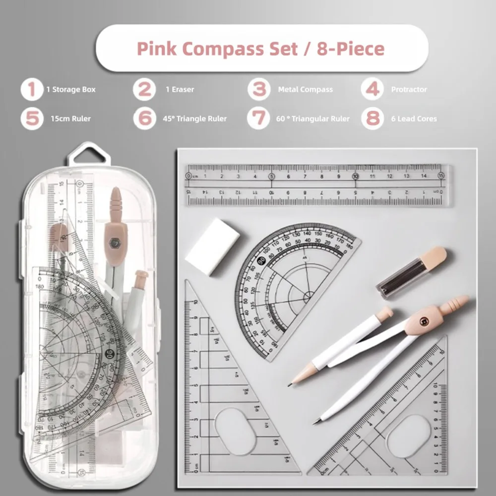 8PCS/Set Plastic Ruler Compasses Set Transparent Straight Ruler Measuring Ruler Eraser Set Square Protractor Students