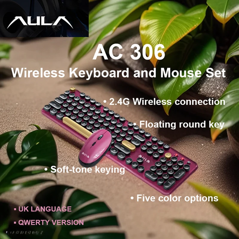 AULA AC306 Wireless Keyboard and Mouse  Combo Retro Round Key Cap Full-size 104-key Laptop for Office Entertainment