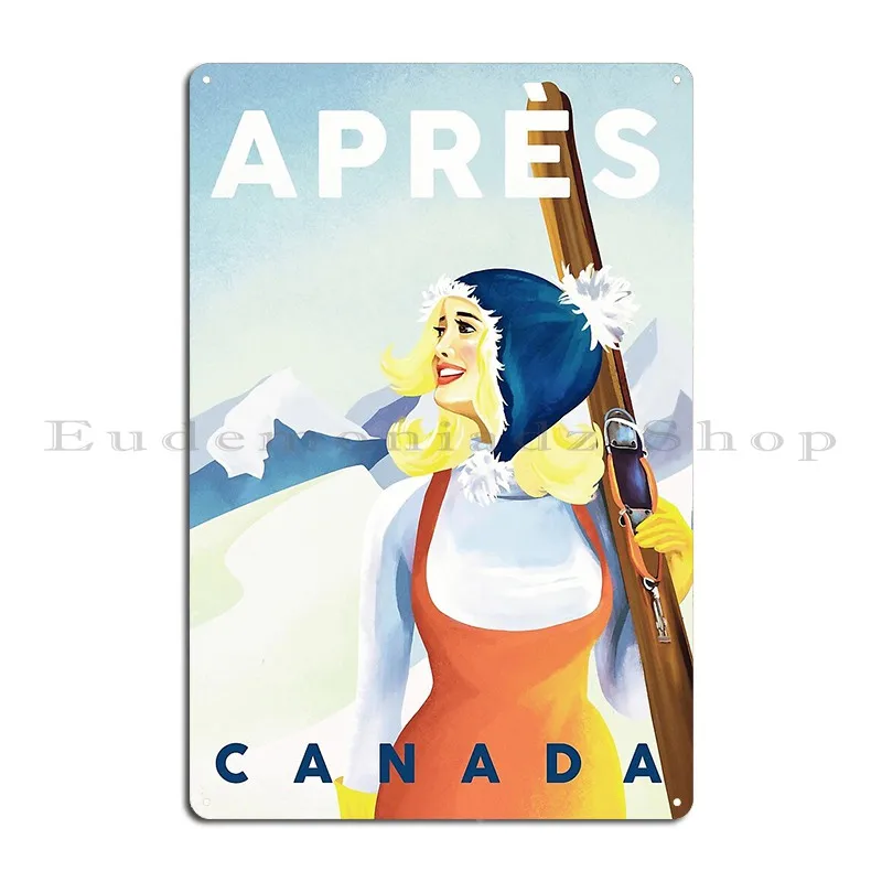 Apres Ski Canada Cool Vintage Pinup Girl Skiing Poster Art Metal Sign Kitchen Sign Cinema Custom Home Tin Sign Poster