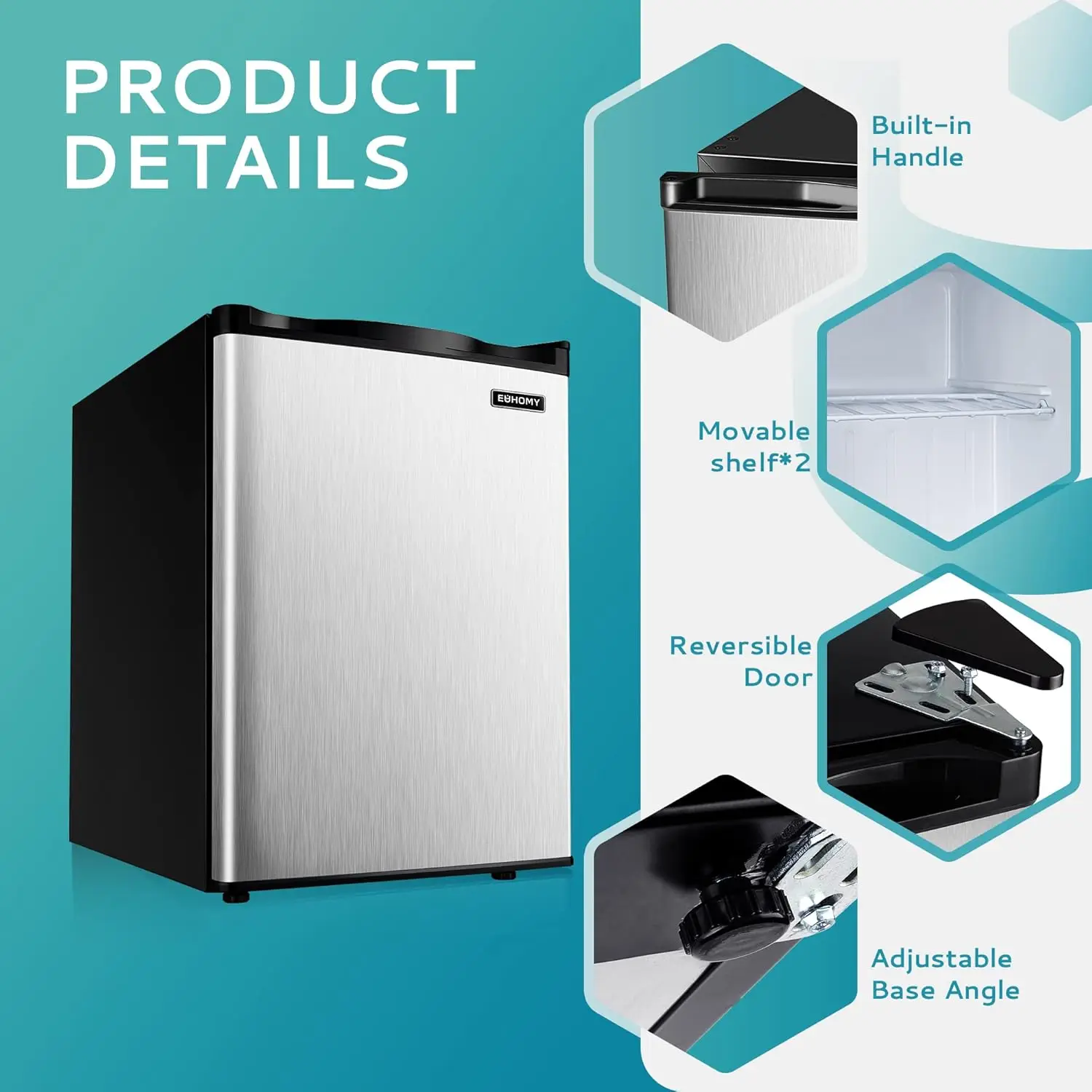 Single-door compact mini upright freezer with reversible stainless steel doors, removable shelves for dorm/office, etc