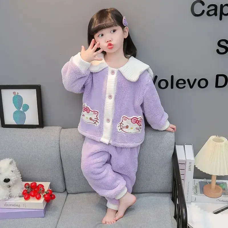 Sweet Hello Kitty Anime Sanrio Kawaii Lange Mouw Jas Panst Pyjama Schattige Baby Dik Koraal Fluwelen Homewear Kleding Geschenken Speelgoed