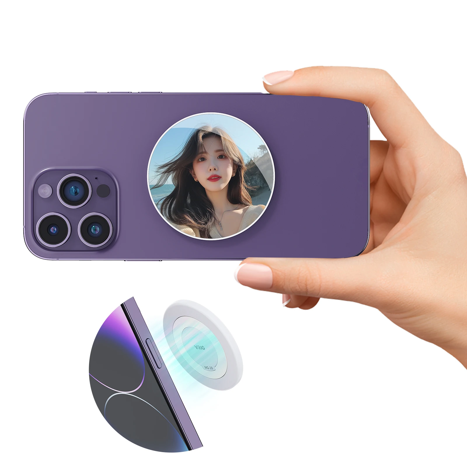 VRIG MG-20 Magnetic Selfie Mirror for Back Cell Phone Convex Mirror for MagSafe for Vlogging Streaming Selfies for iPhone 15 14