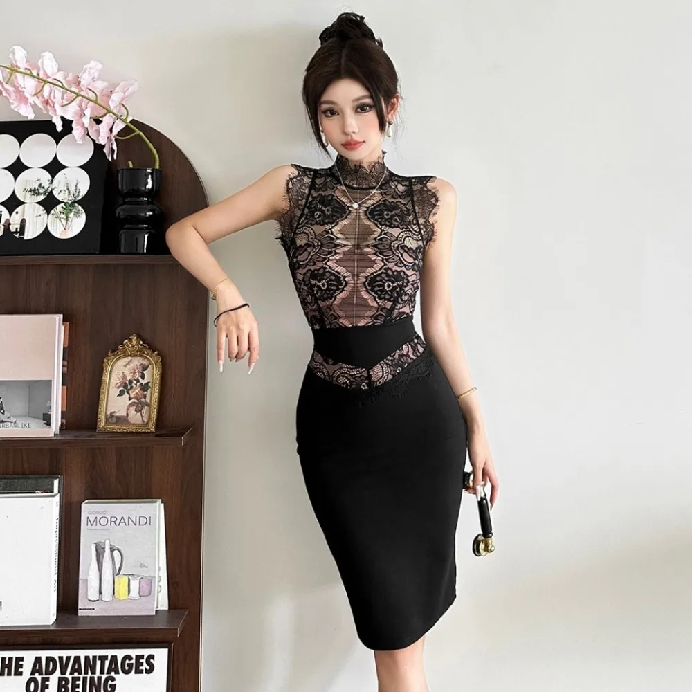 SylCue Mesh Patchwork Dress Woman Turtleneck Sleeveless Skinny High Waist Peach Hip Midnight Prom Party Elegant Mini Bodycon