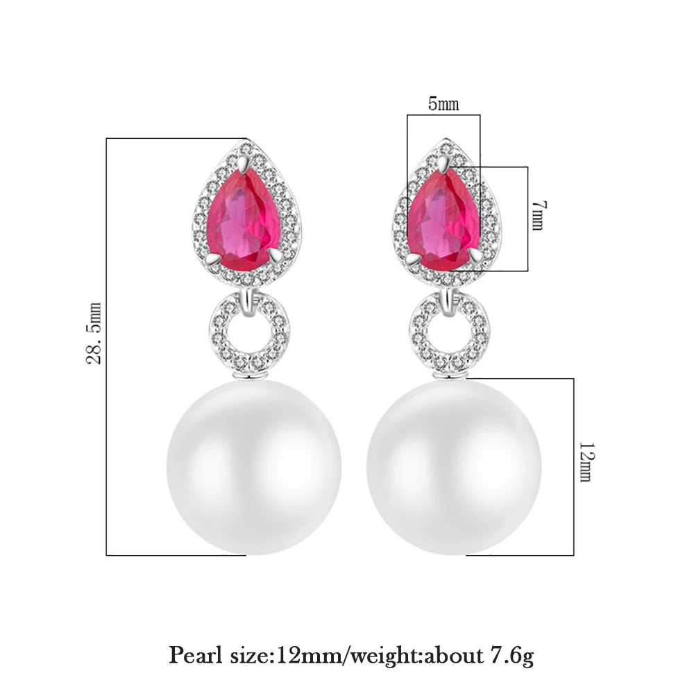 2022 New 100% 925 Sterling Silver 12mm White Pearl Ruby Drop Earrings for Women Lab Diamond Gemstone Wedding Fine Jewelry Gift