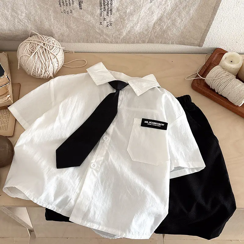 New Toddler Boys' Summer Outfit Set Preppy Style Children's Clothing Short Sleeved White Shirt Tie Shorts Two-piece Set 1-6 Y