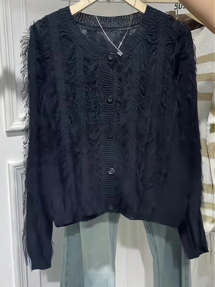 

Slimming round Ne Long Sve Thiened Knitwear Women's Color Autumn Faion Tassel Single Button Sweater Loose Fit