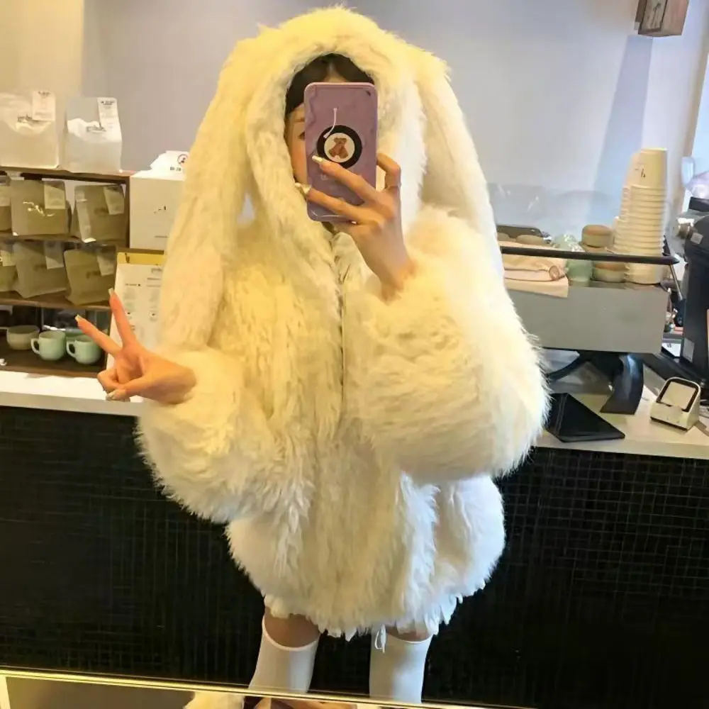 

Korean Long Sleeve Imitation Lamb Wool Hoodie Thick Warm Winter Autumn Cardigans Women Y2K Kawaii Ladies Top Coats Streetwear