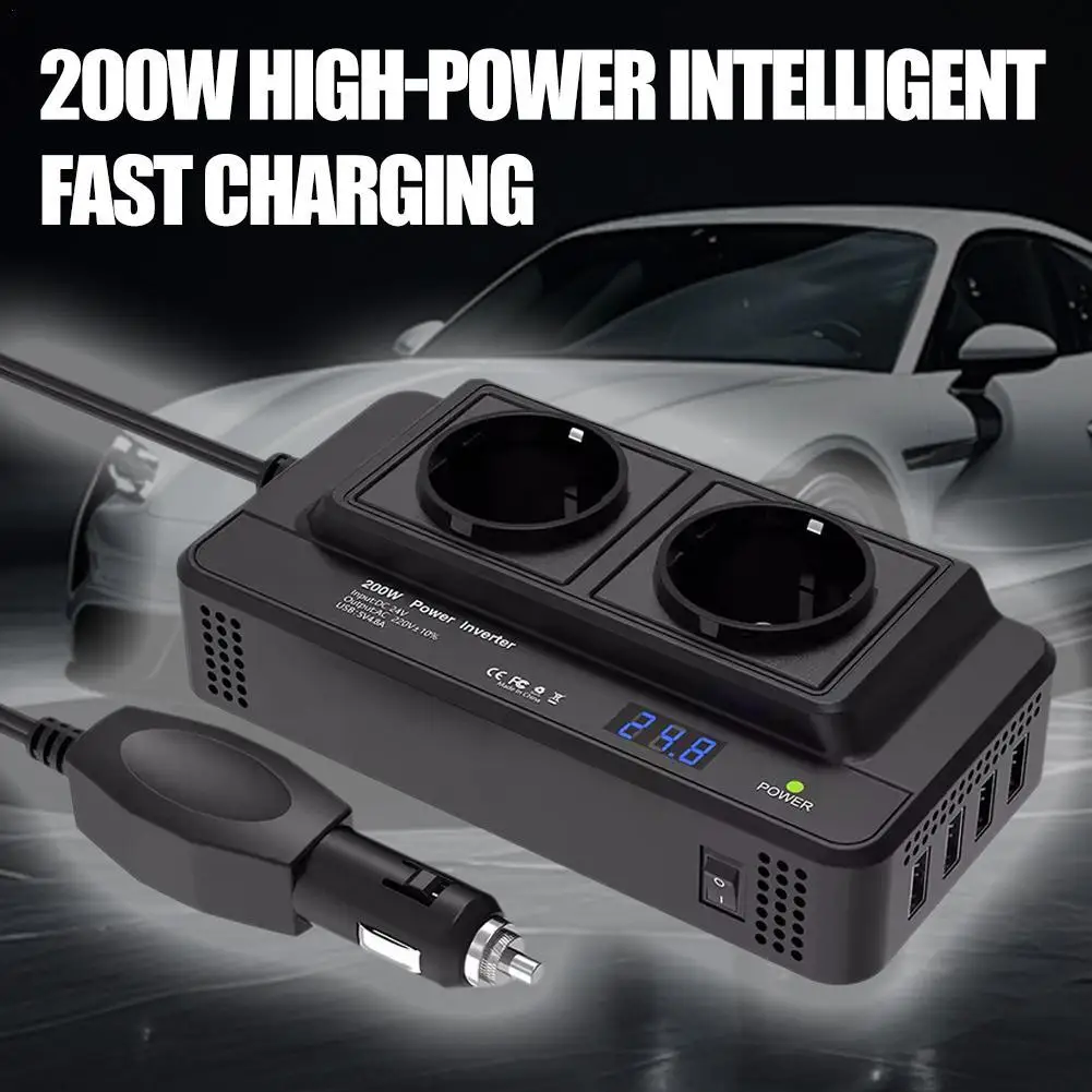 

Автомобильный инвертор мощностью 200 Вт, преобразование от 12 В постоянного тока в 220 В переменного тока, с двумя розетками и четырьмя портами USB.