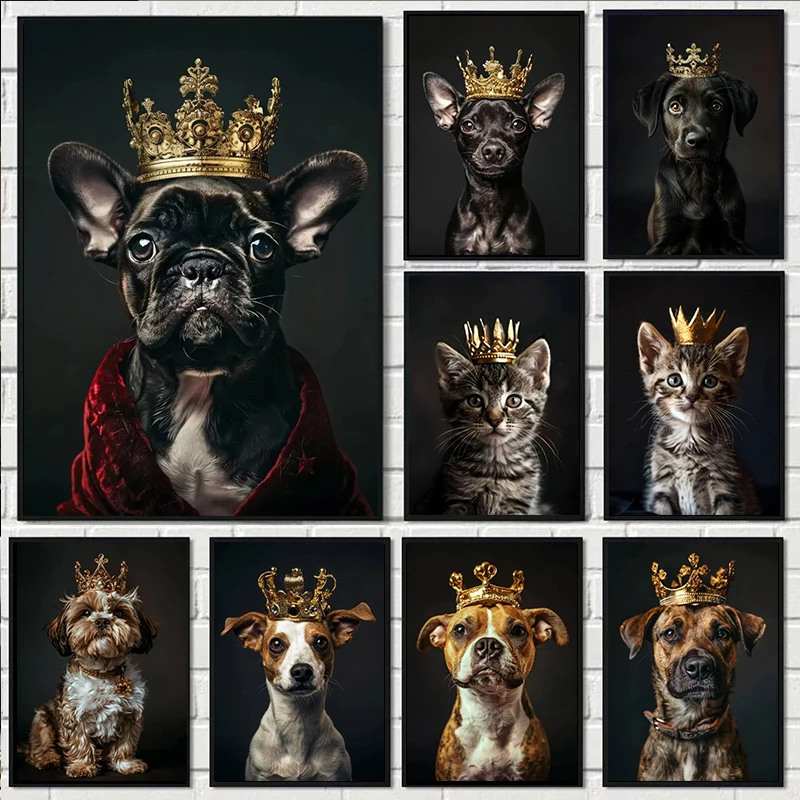 Niedliches Tierposter: Hundekönig mit Goldkrone, Französische Bulldoggen-Porträt-Wandkunst, Leinwanddruck für Heim- und Raumdekoration