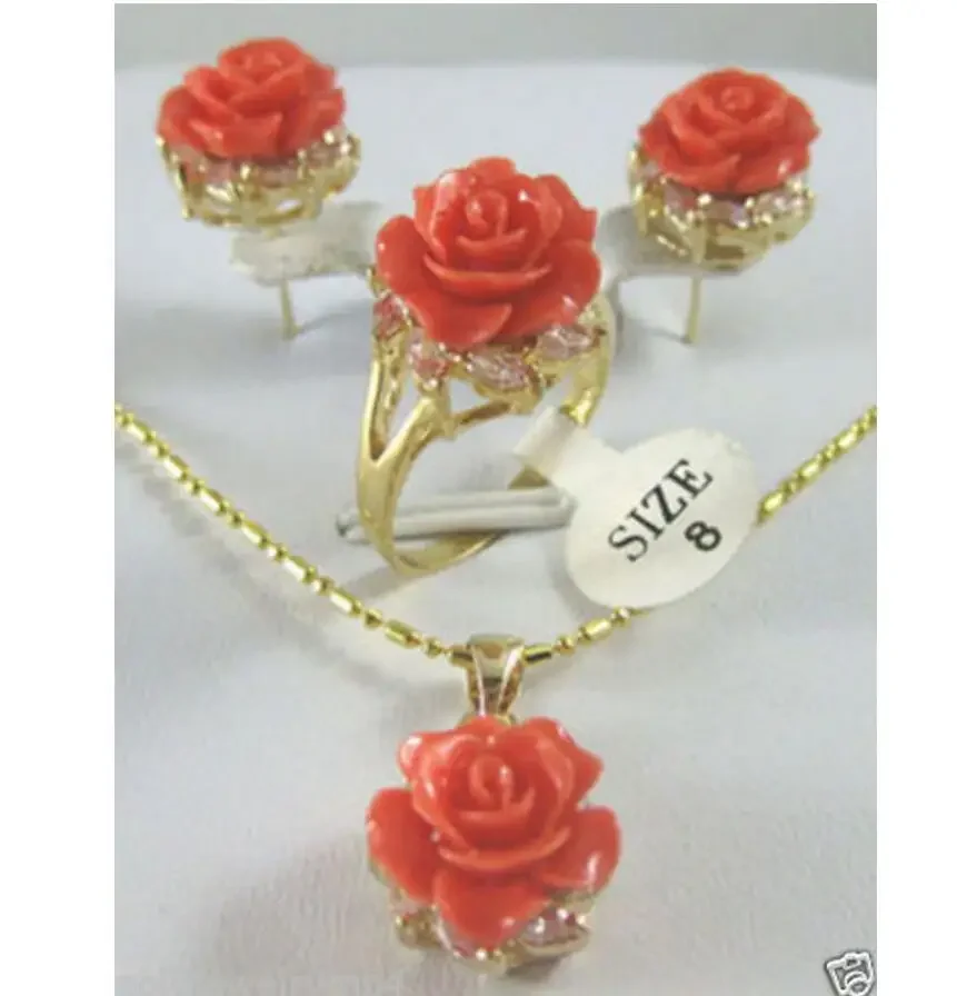 New Jewelry tibet Rose coral flower Pendant Necklace Earring Ring set