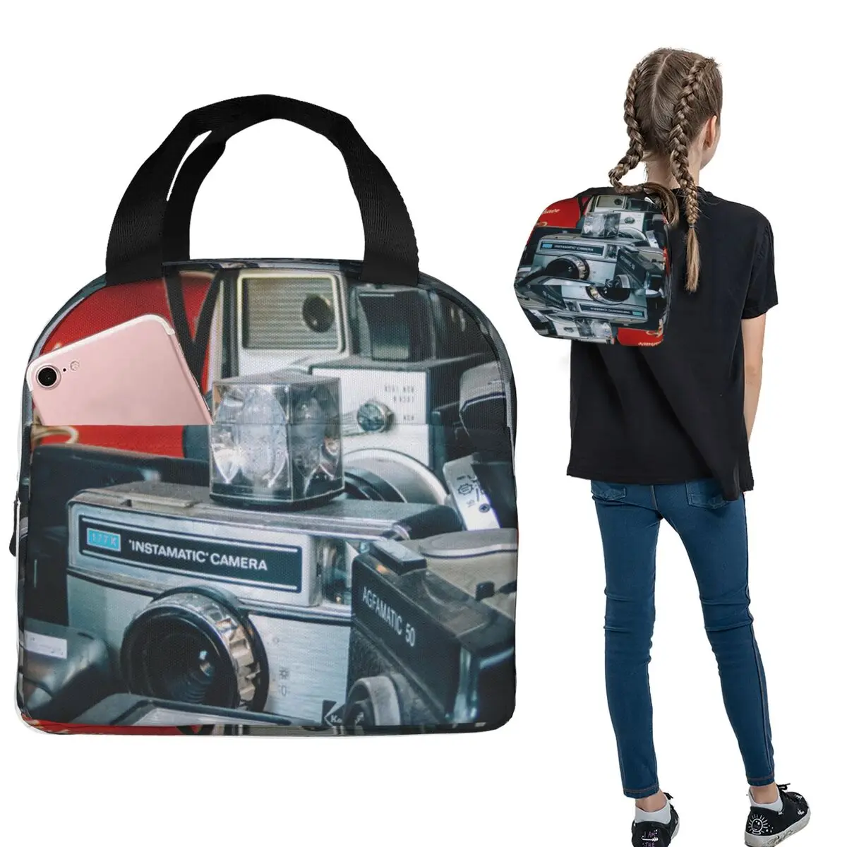 

Retro Cool Camera Collection Insulated Lunch Bag for Women Children Portable Food Boxes Thermal Lunch Box Tote