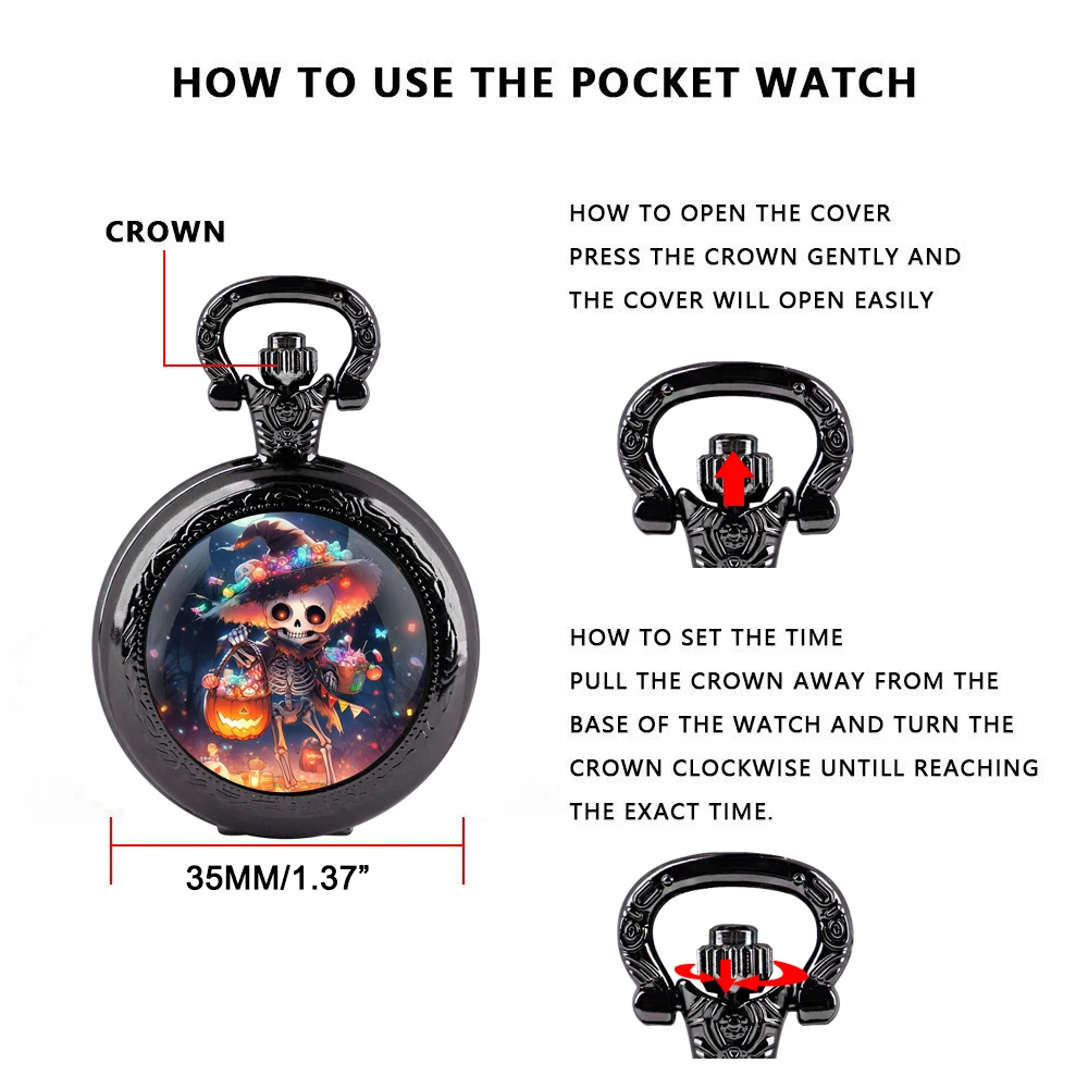 Regali di Halloween Orologio da tasca al quarzo nero con cupola in vetro con quadrante con numeri arabi e catena resistente, regalo retrò per uomini e donne