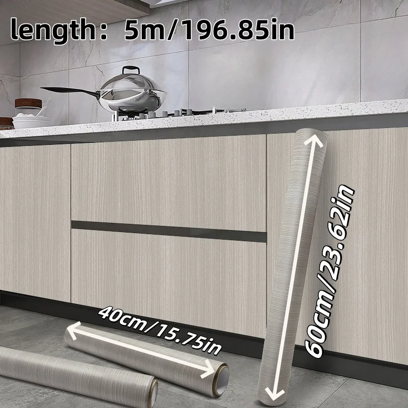 1Roll 5m/196.85in Wood Grain Cabinet Self-adhesive Wall Stickers Flame Retardant Waterproof  Kitchen Anti-smoke Protective Film