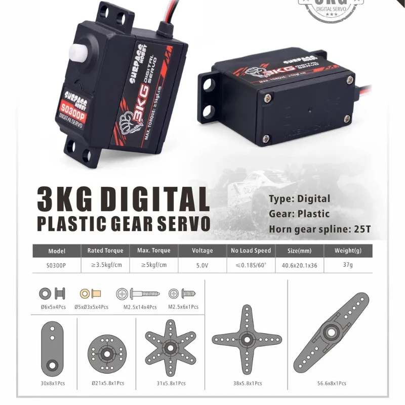 SURPASS Hobby S0300P engranaje de plástico 3KG Servo para RC avión Robot 1/12 RC Monster Car barco conducto avión