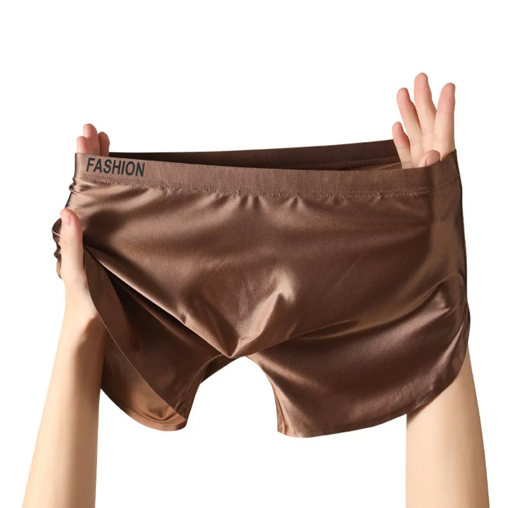 Men Ice Silk Seamless Boxers Shorts Smooth Satin-like Solid Color Underwear Boxers Breathable Male U Convex Pouch Trunks