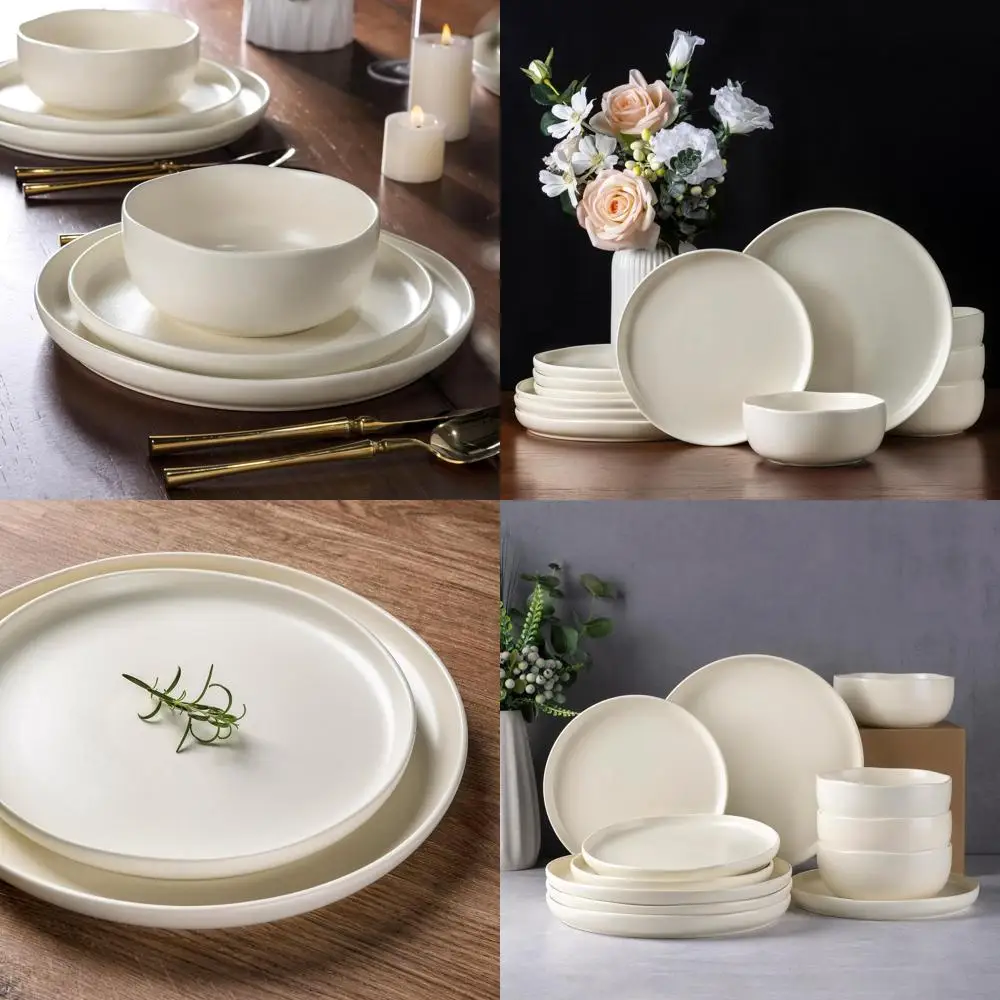 

Resilient Stoneware Dinnerware, Wavy Edge Plates & Bowls, 12-Piece Set for 4, Dishwasher, Microwave, and Oven Safe