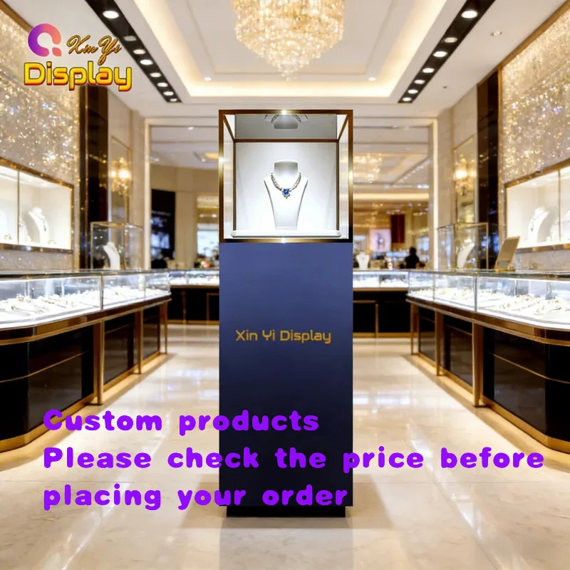 custom.Custom Luxury Anti-Theft Stainless Steel Metal Jewelry Display Showcase LED Lighting Eco-Friendly Design Commercial R