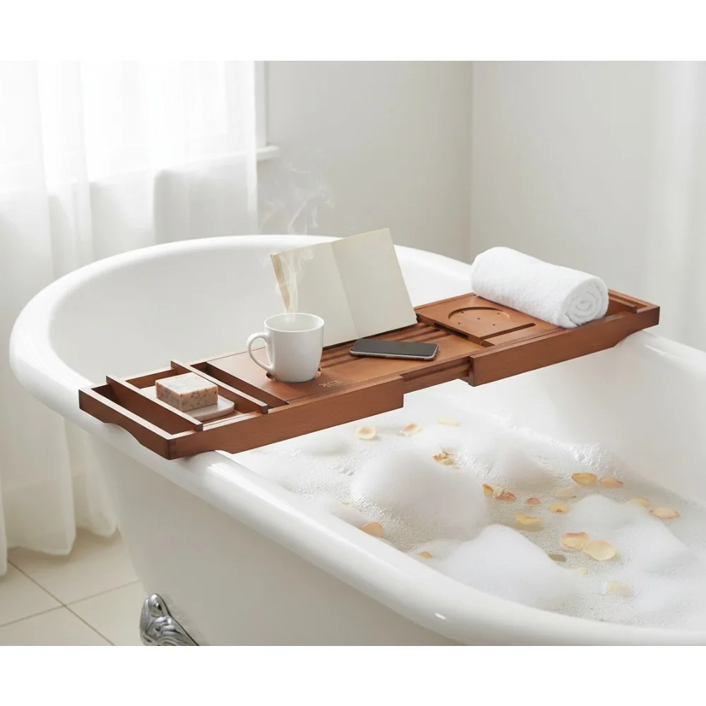 

Расширяемый поднос для ванны с бамбуковой подставкой для книг и держателем для мыла, подходит до 105 см для релаксации пар