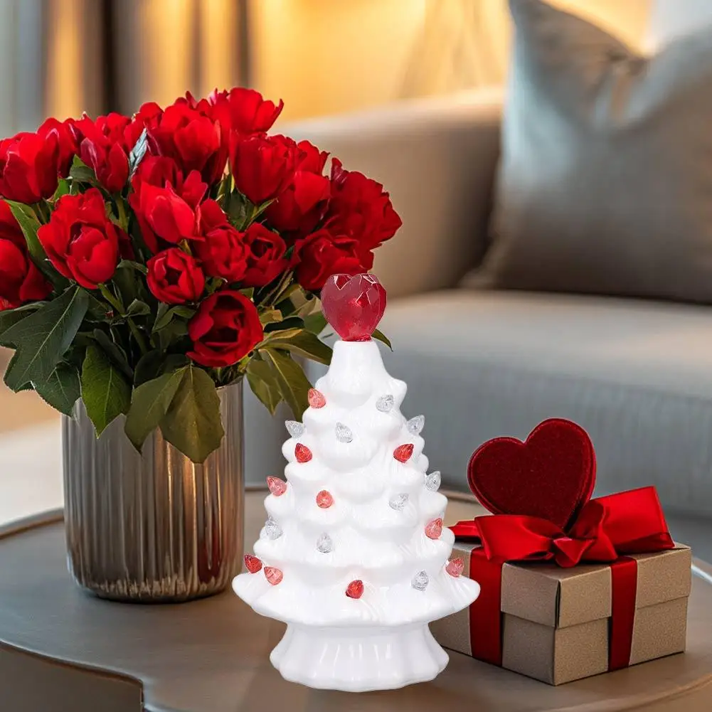 Mini Ceramic Christmas Tree Figurine Colorful LED Light-up Xmas Tree Statue Sculpture With Heart Topper Home Decoration