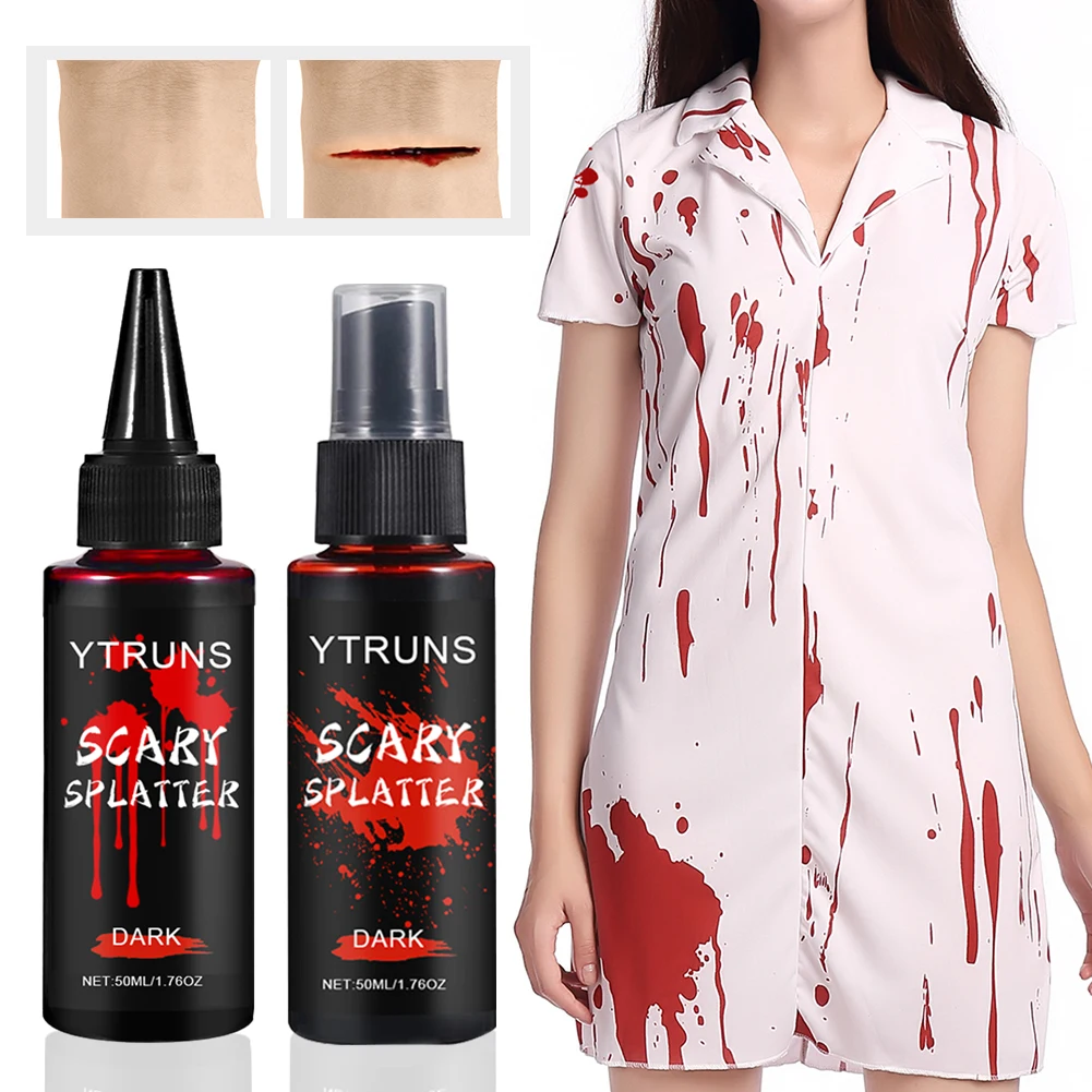 Ytruns 2PCS Kit de maquillaje de sangre falsa de Halloween - Spray de sangre falsa 1,76 oz + sangre gotea 1,76 oz, efecto especial lavable realista