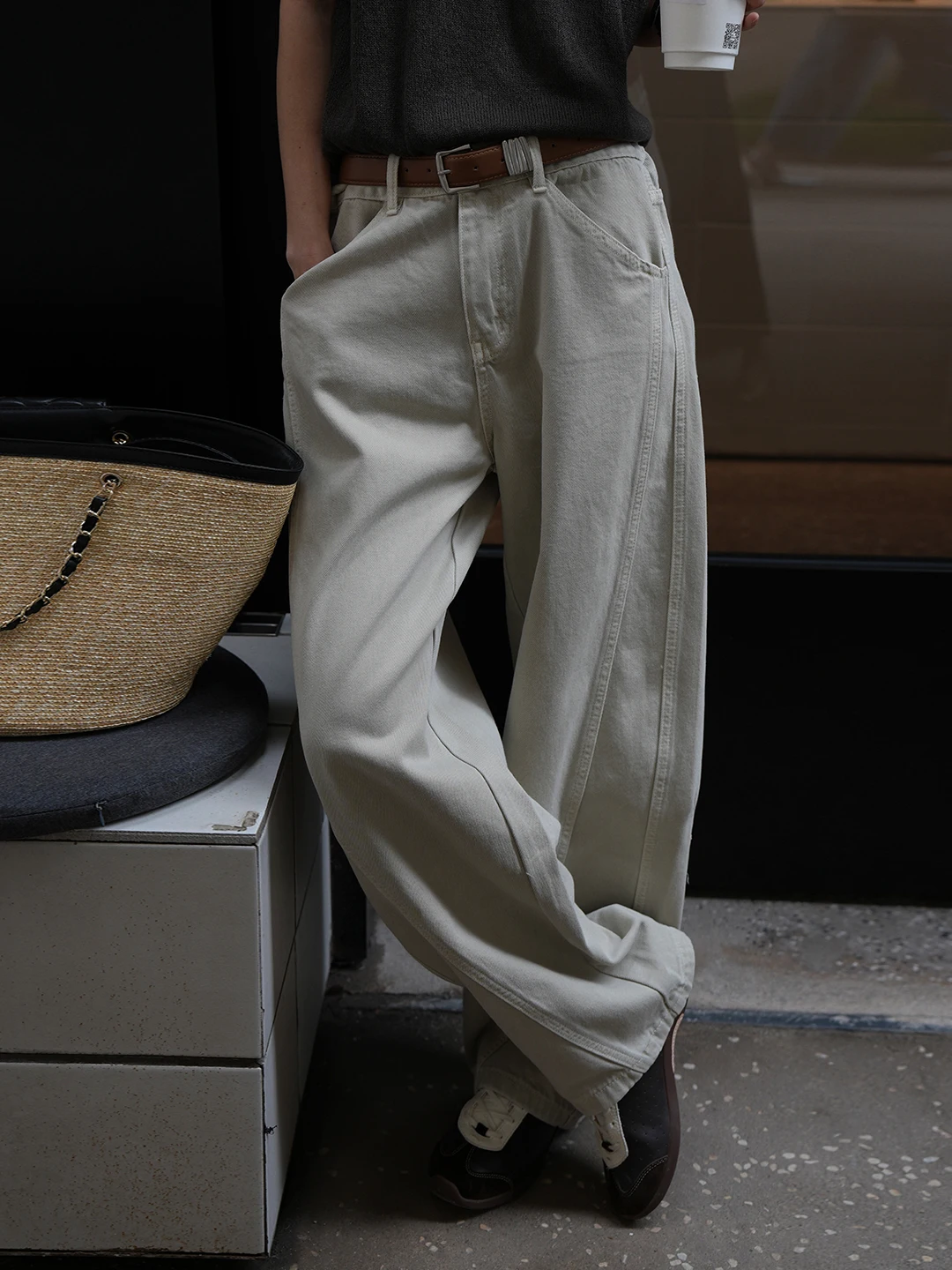 

Retro Spliced Floor-Length Belted Denim Jeans Women's Loose Wide Leg Pants Spring Summer New Style Korean Loose Slimming Jeans