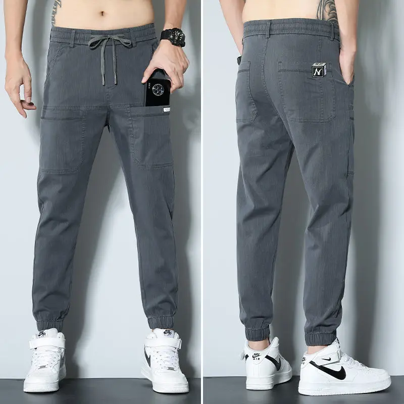 Fashion Spring and Autumn Denim Men's Multi-Pocket Tights Elastic Jeans Men's Wide Elastic Waist Casual Youth Tooling Pants