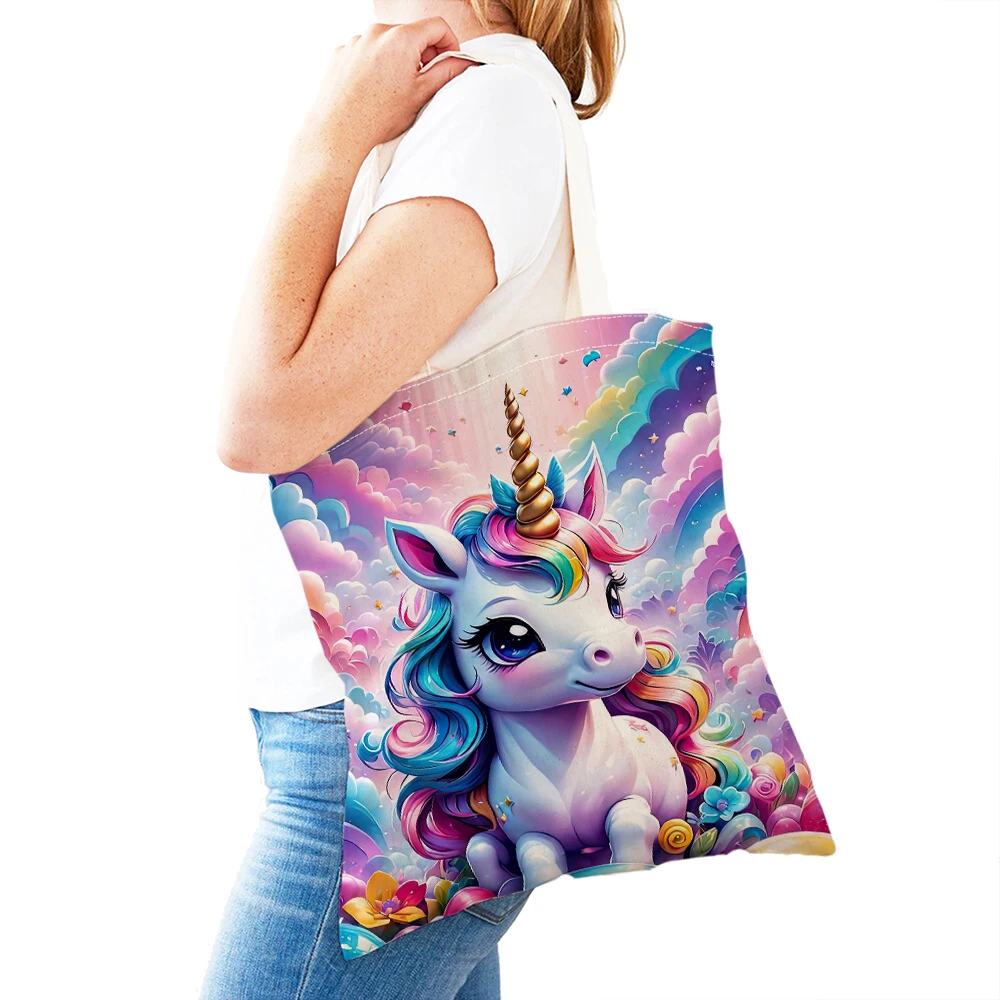 Bolsos de compras bonitos de animales de dibujos animados para mujer, bolso de compras de regalo para niños con doble estampado, bolso de hombro con diseño de unicornio mágico para mujer