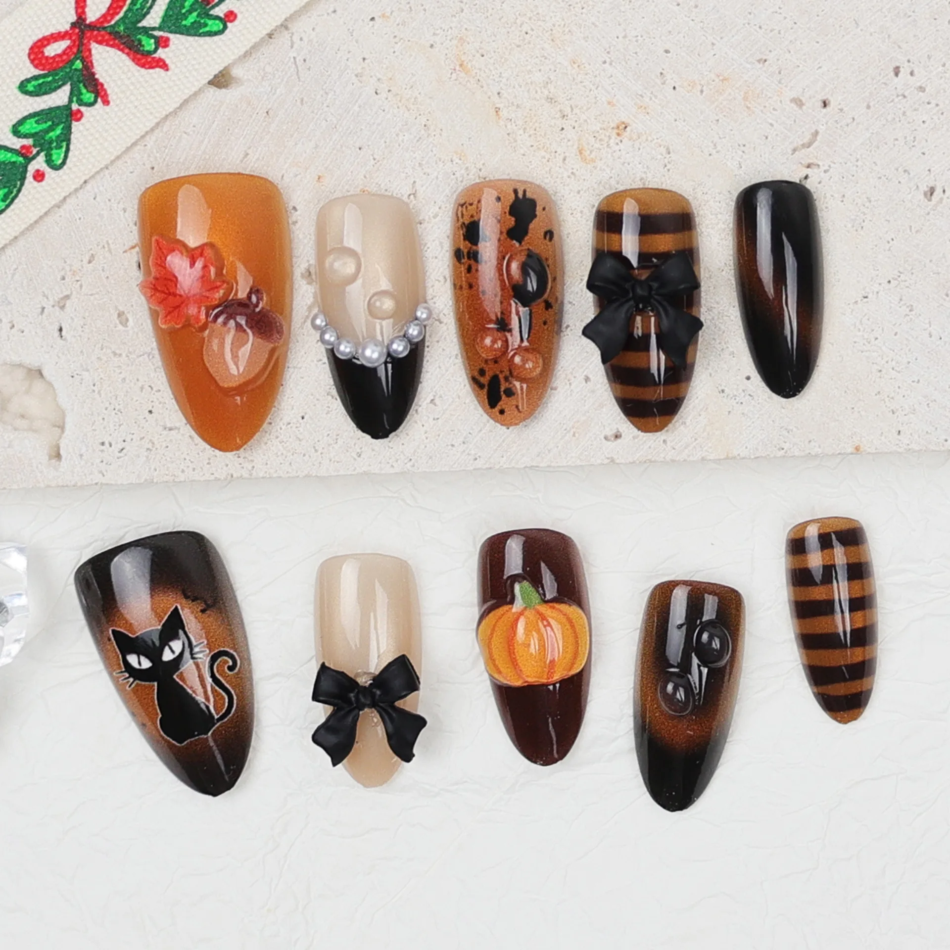 30pcs Almond Autumn False Nail 3D Maple Leaves Pumpkin Bowkots Cat Pearl Decor Press On Nails French Style Wearable Fake Nail