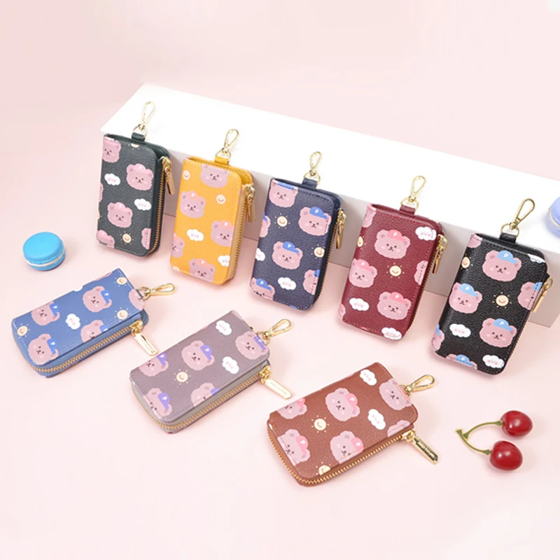 LLavero de gran capacidad con estampado de oso para mujer, cartera con cadena y cremallera para llaves de coche, funda organizadora de cuero PU,