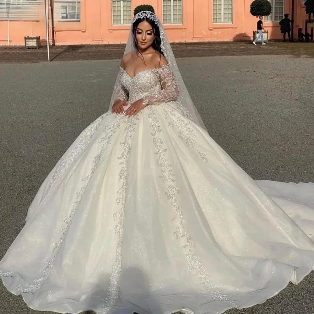 

Customized Elegant Off The Shoulder Bridal Dress Sparkly Sequins Beads Wedding Gown Luxury Ball Gown Bride Robe Vestido De