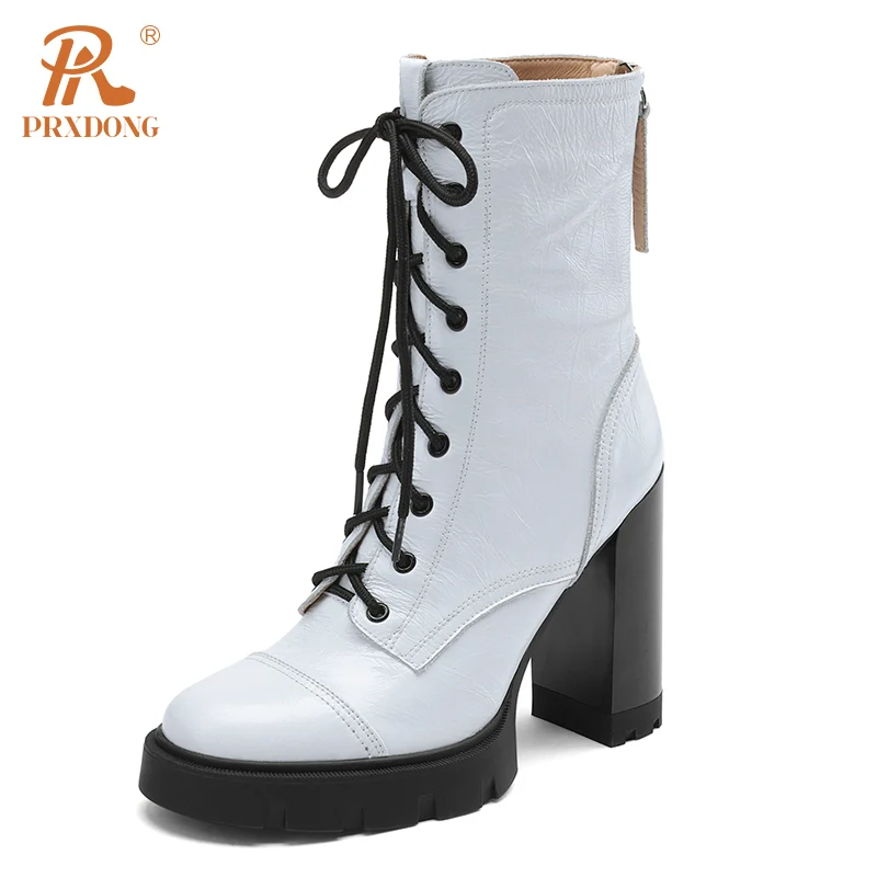 PRXDONG Women's Shoes Brand Genuine Cow Leather High Heels Thick Platform Shoes Woman Ankle Boots Black White Dress Party Shoes