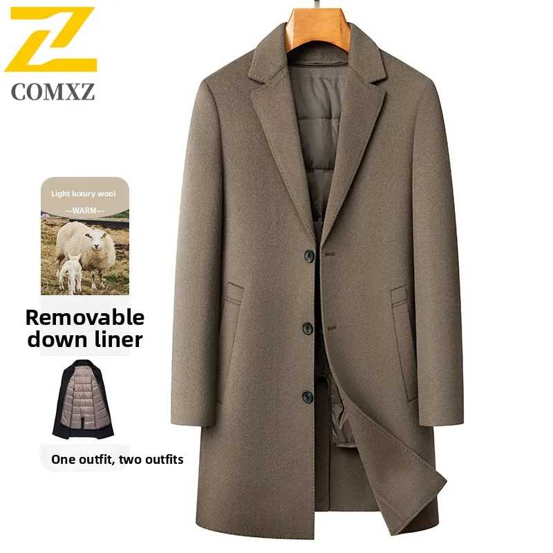

COMXZ Luxury Mens Down Jacket Goose Down Business Casual Warm Puffer Coats Trendy Detachable Inner Layer Lightweight Wool Coat