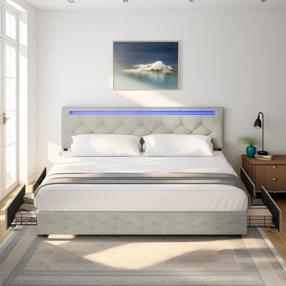 

King Bed Frame with 4 Drawer with Casters Adjustable Upholstered Headboard