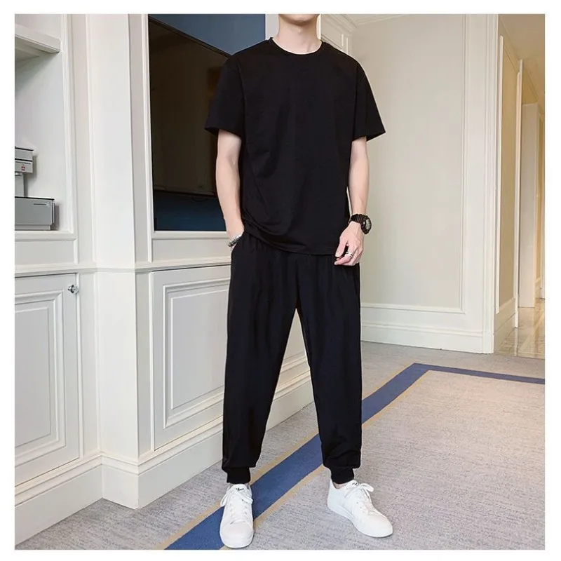 

Men's Trendy Loose Clothes Rascal Handsome Set Solid Color Superb Match Handsome Autumn Two Piece Set