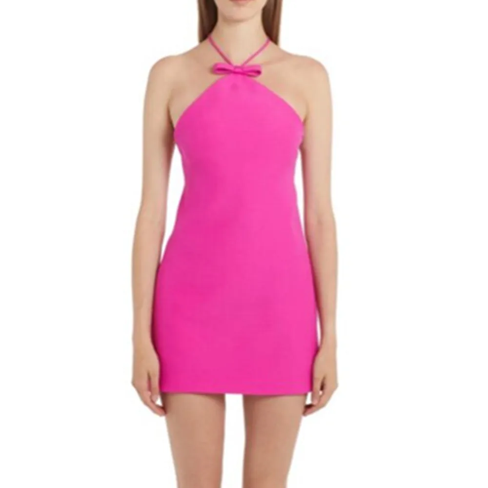 Women Hot Pink Elastic Bandage  Dress Halter Backless Bodycon Mini Evening Club Party Dress High Street Hotwife Going Out Dress