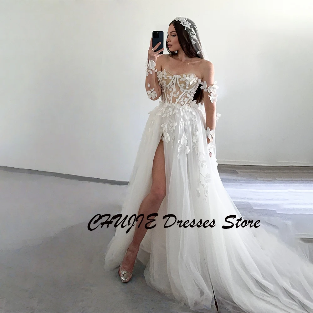 

Long Sleeves Appliques Wedding Dresses A Line Pleated Plus Size Bridal Gowns Bride Dress Vestido de novia Customized فستان الزفا